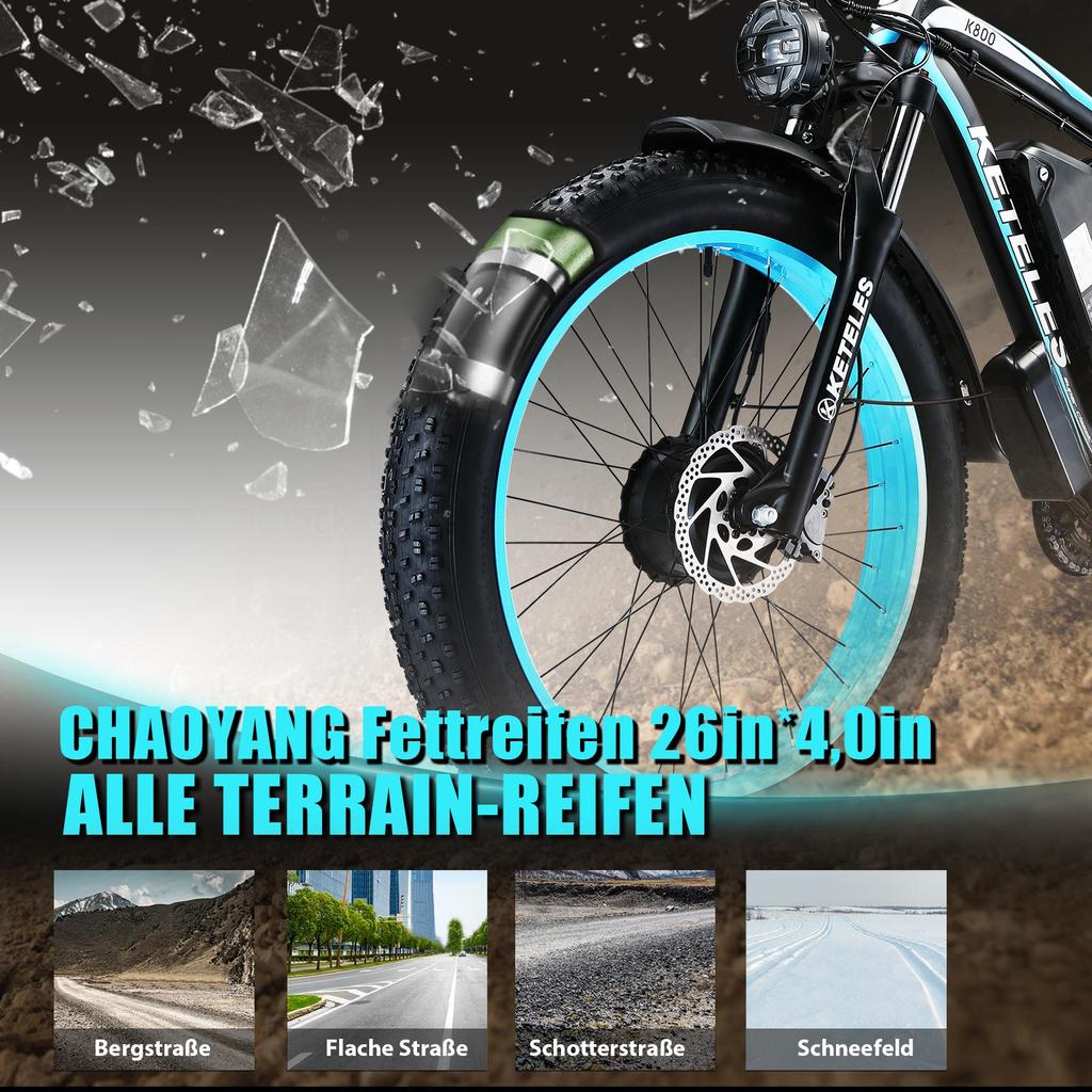 KETELES K800 Electric Bicycle 2*1000 Motors, 48V 23Ah Battery, 26*4.0 Inch Fat Tire, Hydraulic Disc Brake, Off-Road E-Bike