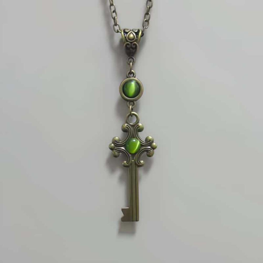 Victorian Green Gemstone Bronze Color Treasure Box Key Cross Pendant Necklace for Women Gothic Halloween Party Vampire Jewelry