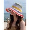 Handmade women's foldable bohemian seaside rainbow color block bucket hat, sun-shading and face-slimming trendy hat