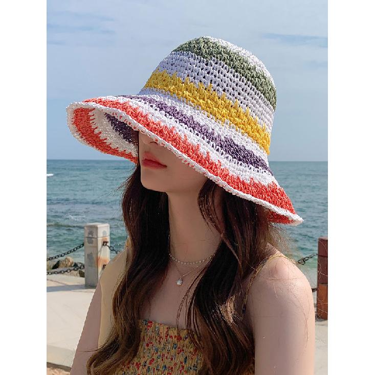 Handmade women's foldable bohemian seaside rainbow color block bucket hat, sun-shading and face-slimming trendy hat