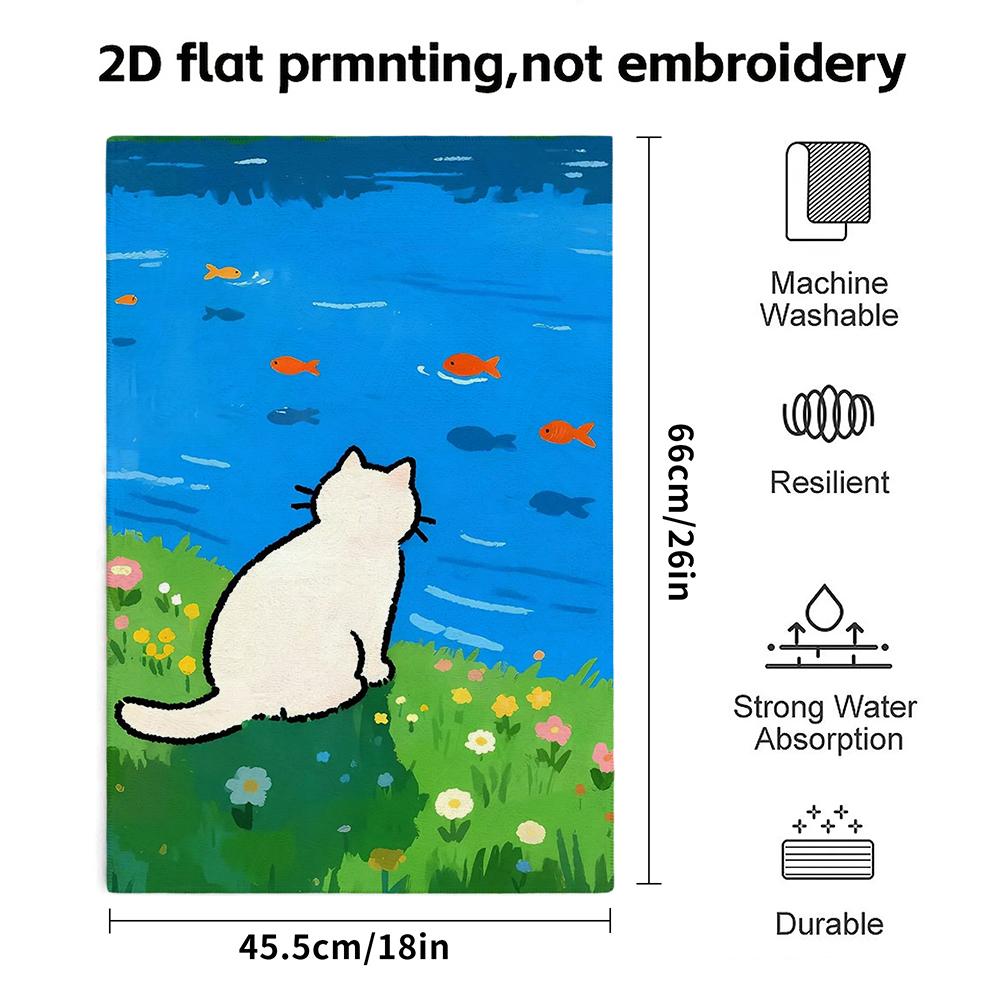 White Cat Watching Fish Print Hand Towel, Soft Absorbent Face Towel