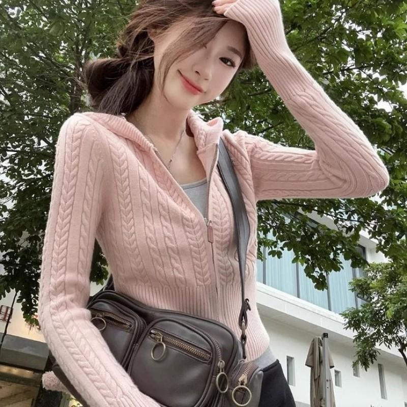 Womens Soft Cable Knit Hooded Zip-Up Cardigan Short Cropped Sweater Korean Style Casual Winter