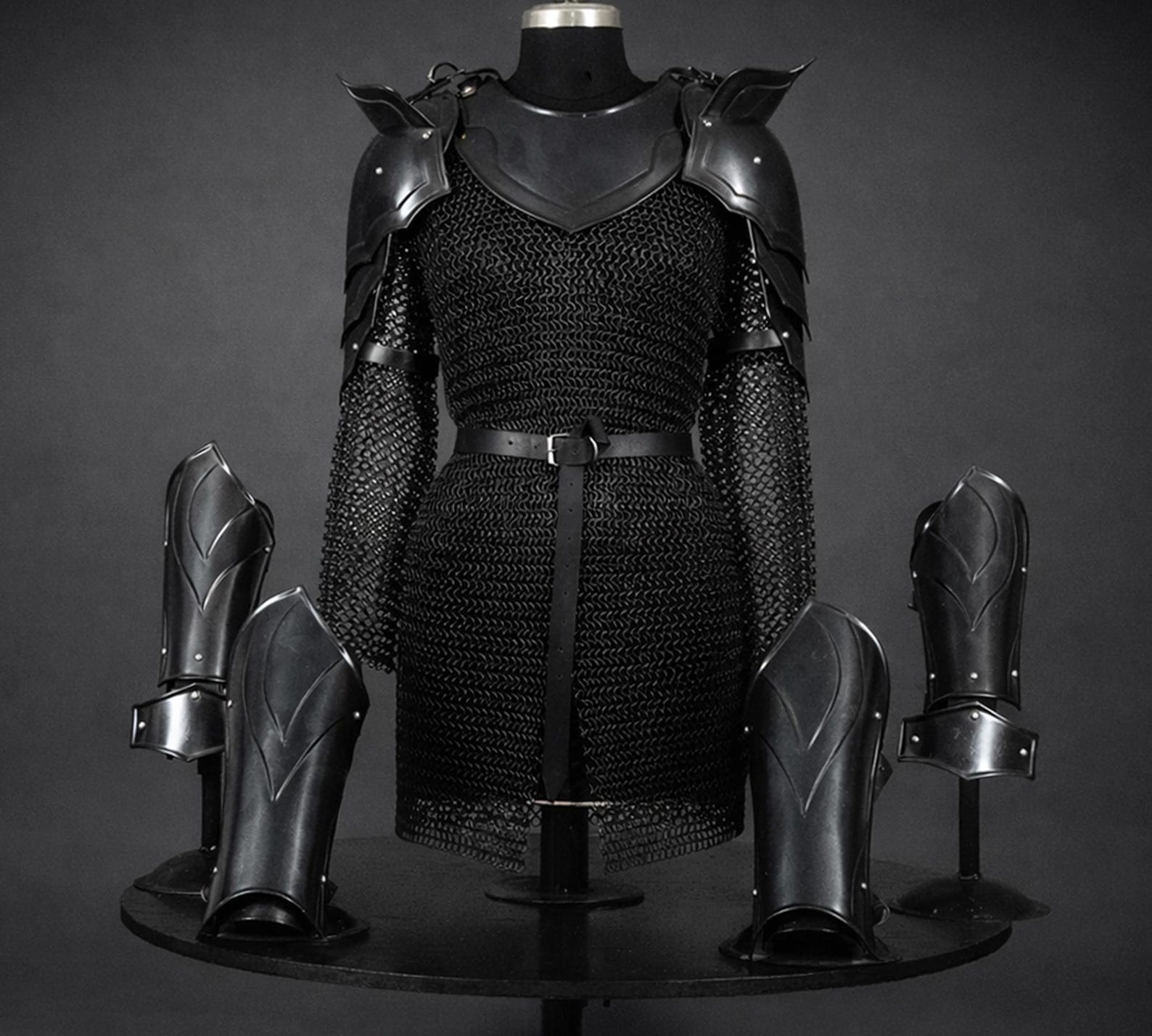 Women s Blackened Chainmail Armor Set Knight Pauldrons LARP Cosplay Costume