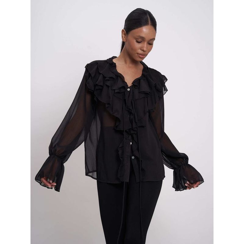 

Топ-блузка с рукавами-буфами в западном стиле, с оборками и V-образным вырезом, просвечивающая, рубашка с V-образным вырезом в виде лепестка лотоса Black L