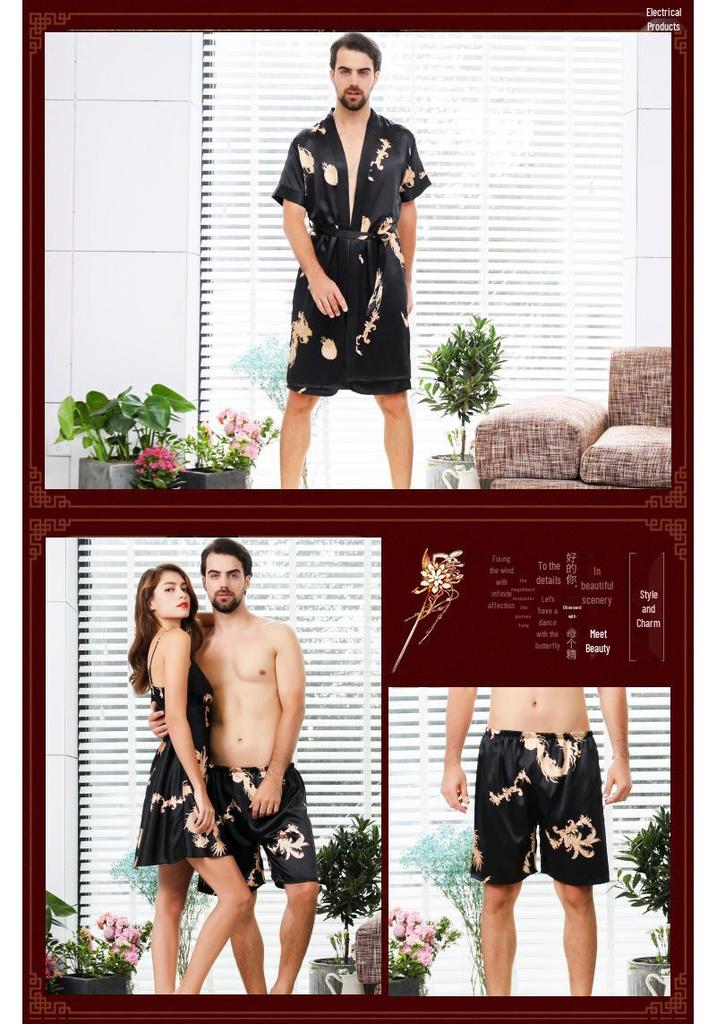 Summer Couple Silk Imitation Loungewear: Women's Nightgowns & Men's Bathrobes with Short Sleeves and Shorts.