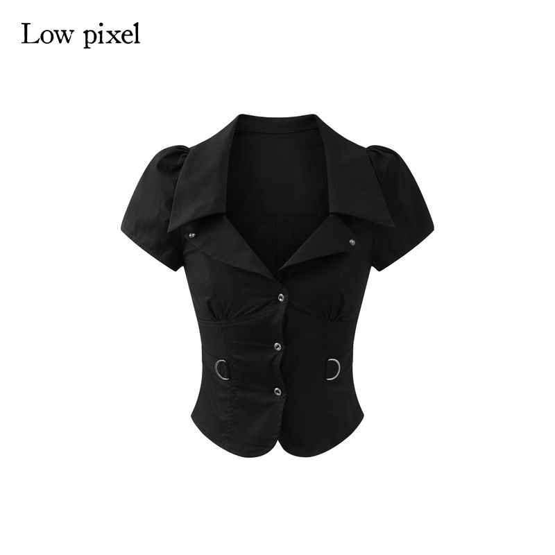 

Низкий пиксель Низкий пиксель Черная рубашка с отложным воротником на запах, облегающая, с коротким рукавом, ретро, с металлическими пряжками и заклепками, короткая рубашка Black S