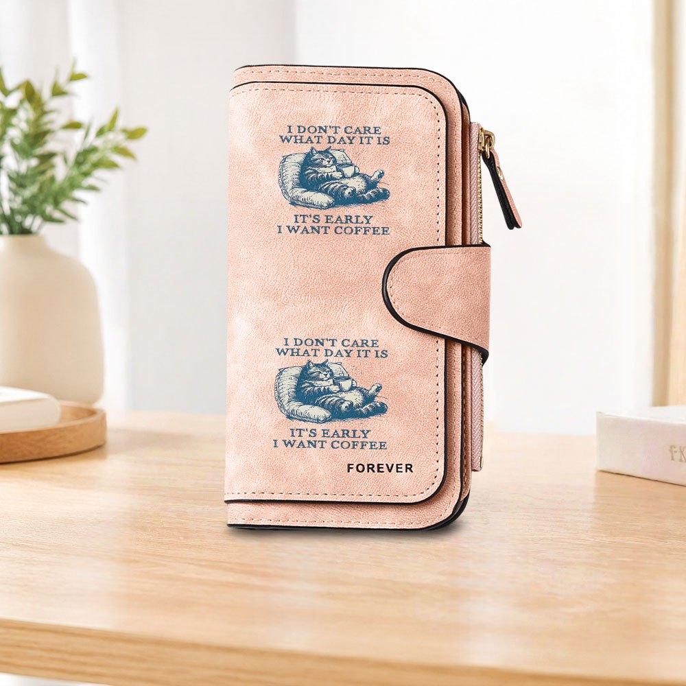 Coffee-drinking cat long zipper wallet, large-capacity card holder, unisex clutch bag, stylish zippered coin purse, suitable for daily use, a great