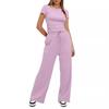 Lässiges Rüschenbesatz Einfarbig Kurzarm Top & Hochtaillierte Weitbein Hose Set