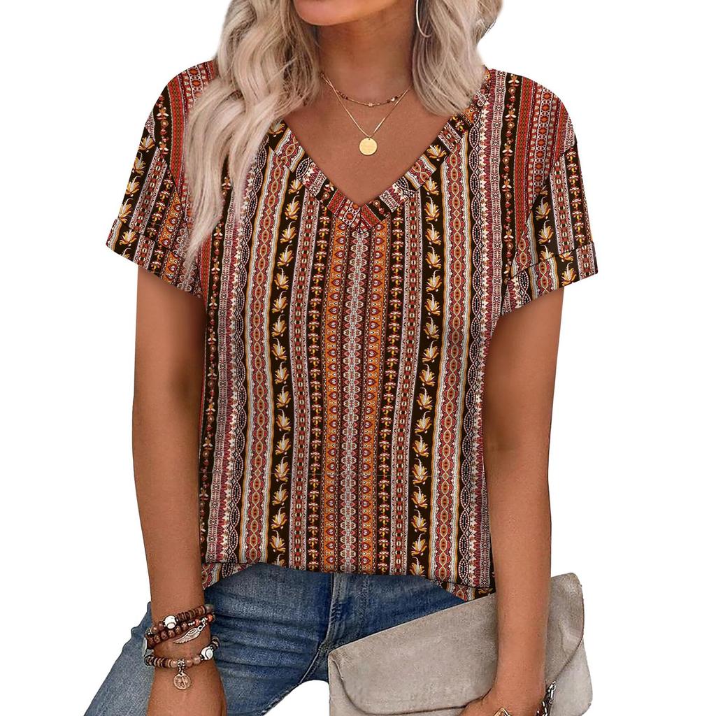 Women's V Neck Short Sleeve Casual Top Lightweight Loose Fit Pullover Blouse with Printed Pattern for Spring Summer Wear