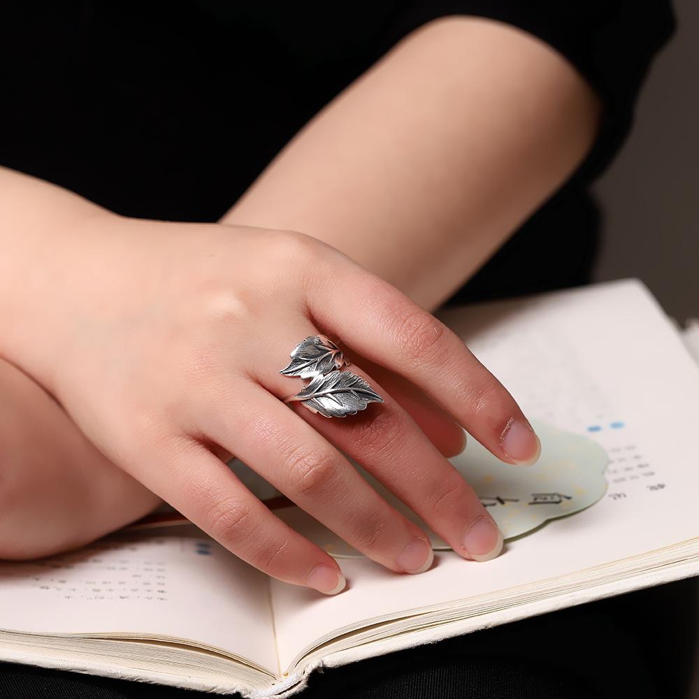 Buyee 925 Sterling Silver Male Female Big Ring Finger Elegant Gary Leaf Open Ring for Woman Men Fashion Fine Jewelry Circle Gift