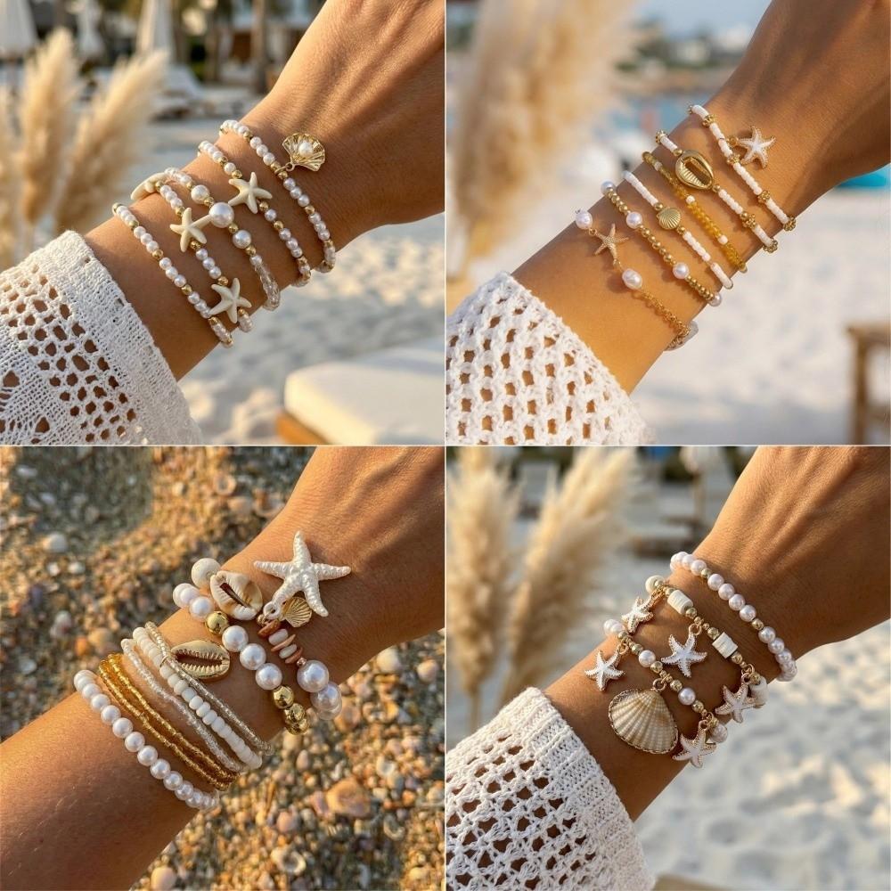 Starfish Conch Beaded Bangles Bohemian Wrap Charm Hand Chain Multilayer Shell Bracelets Jewelry