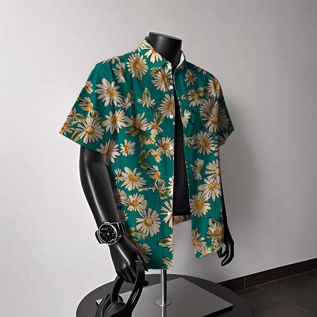 Men's Vintage Hong Kong-Style Hawaiian Floral Short-Sleeve Shirt: Trendy Summer Beachwear for Couples