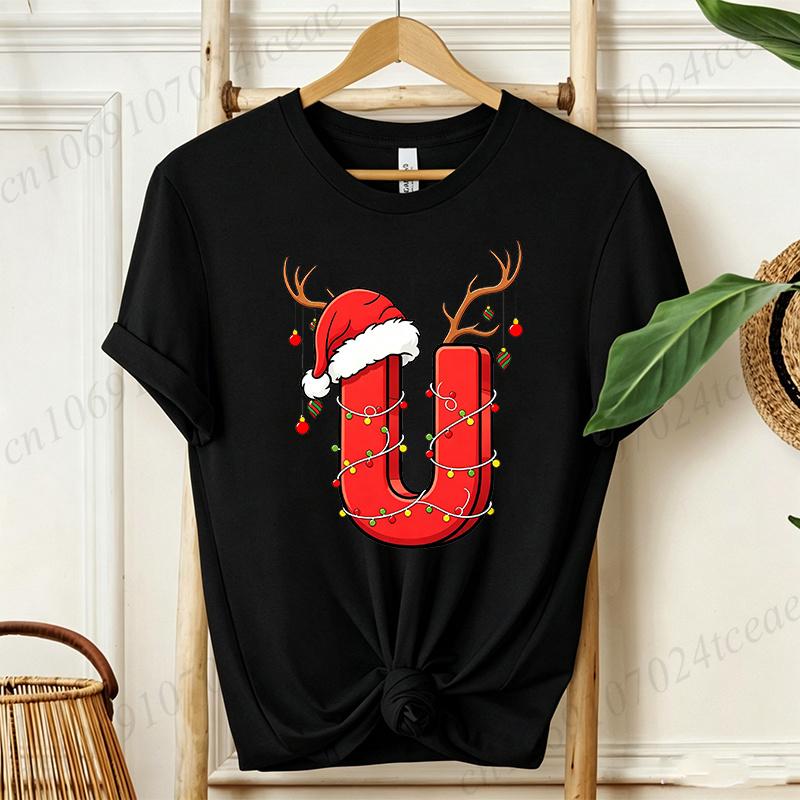 Cute Cartoon Xmas Initial A~Z Graphic T Shirts Christmas Reindeer Lights Print T-Shirts Holiday Party Family Matching Tshirts
