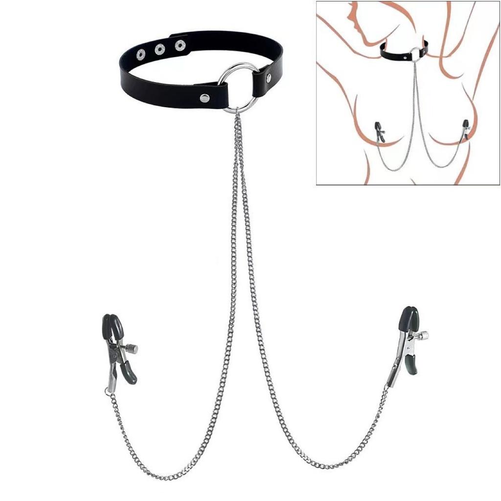 Woman Nipple Clamp Collar Leash  Bondage Sex Toy Set Sexy Chocker Chain Bra Clip Set Adjustable Punk Piercing Jewelry