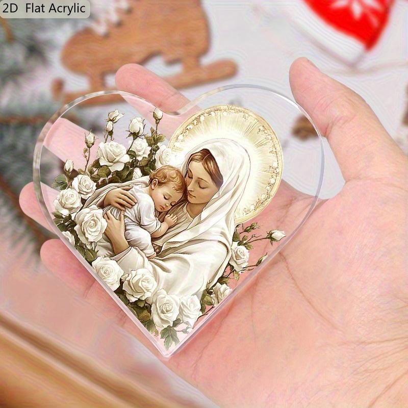 Heart-Shaped Nativity Scene Decoration - Virgin Mary & Jesus Religious Plaque with Floral Design, Acrylic Tabletop Decor for Christmas, Home, Church