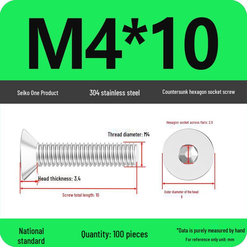 M2-M10 Stainless Steel Flat Head Machine Screws and Bolts Set, Countersunk Hex Socket Cap, 304 Grade.