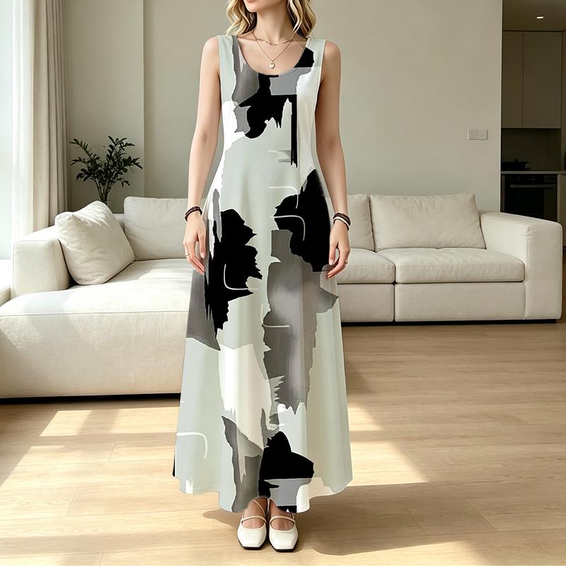 Abstract Art Sleeveless Flattering Maxi Dress Minimalist Stylish Soft Loose Fit for Vacation,Casual Home & Daily Wear