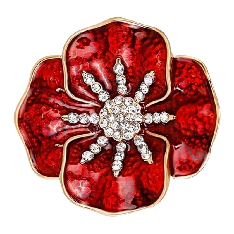Flower Brooch Pin with Red Enamel-Style Floral Design and Clear Stone Center, Alloy Lapel Accessory for Coats, Scarves, Bags and Commemorative Wear