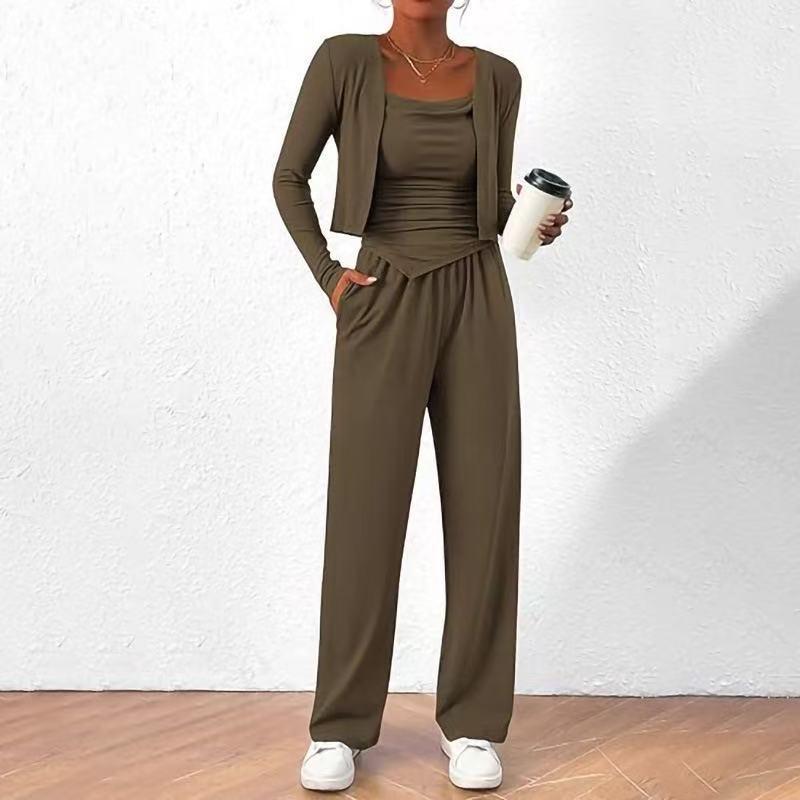 

Женский кардиган из трех частей на осень/зиму 2025: Однотонный жилет, широкие брюки для通勤 XL