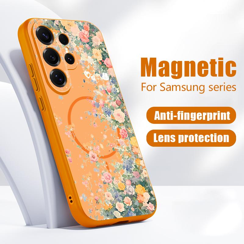 Magnetic For Magsafe Case For Samsung Galaxy S26 Ultra S25 Edge S24 Plus S23 FE S22 A54 A55 A56 5G Flower Garden Pattern Matte Cover