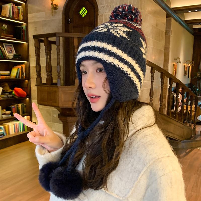 Wool Hat Female Face Small Winter Thickened Warm Cycling Ear Protection Cold Christmas Atmosphere Knitted Hat