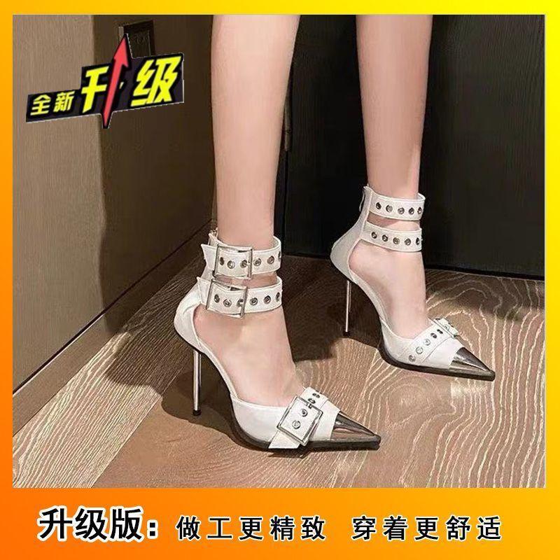 Metal buckle stiletto high heels women's outer wear 2025 summer and autumn new fashion black pointed rivet sandals women