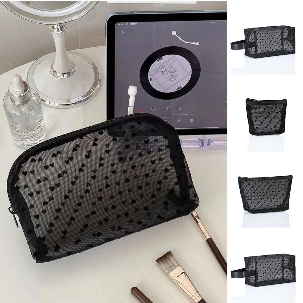 Large Capacity Love Heart Mesh Makeup Bag Zipper Transparent Cosmetic Bag Portable   Girls