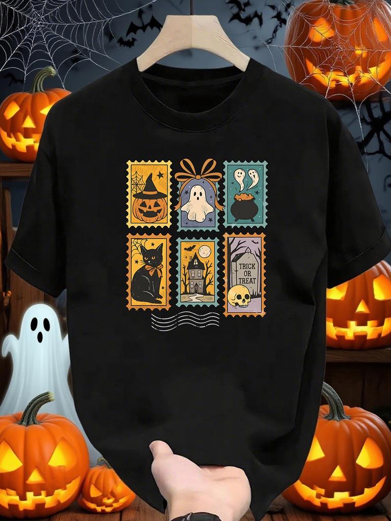 Halloween Pumpkin Cat Skull Stamps Graphic Print T-shirt, Short Sleeve Crew Neck Casual Top for Summer & Spring T-shirt