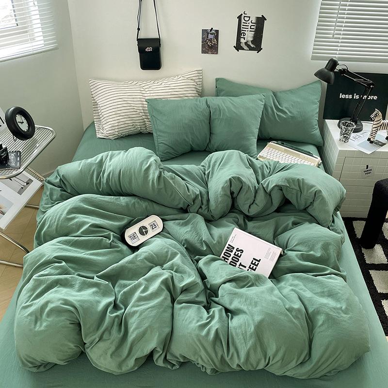 Ultra-soft Solid Color Washed Cotton Bed 4-piece Set Duplex Student Dormitory 3-piece Bed Sheet Quilt Cover Bedding