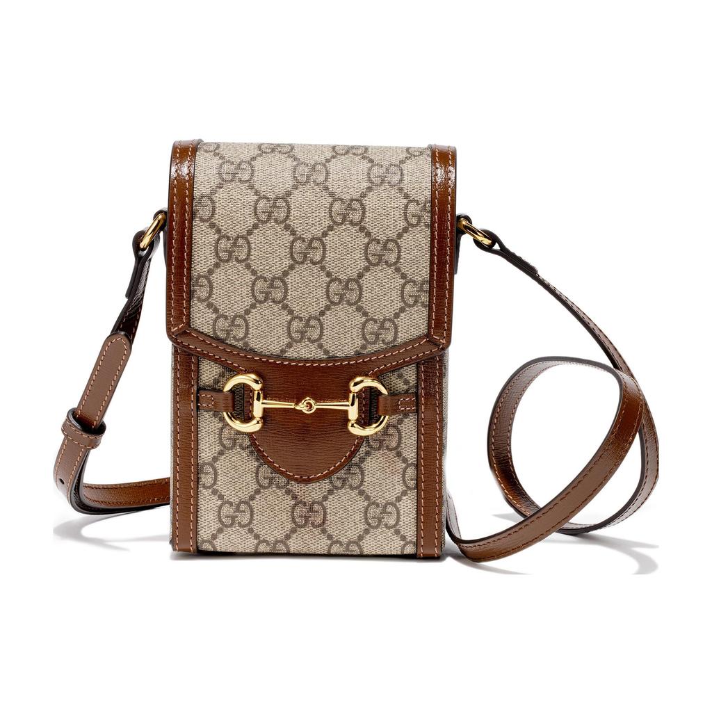 Gucci Borsa per telefono in tela e pelle con logo Horsebit 1955 Borsa a tracolla unisex Marrone Ebano 625615-92TCG-8563
