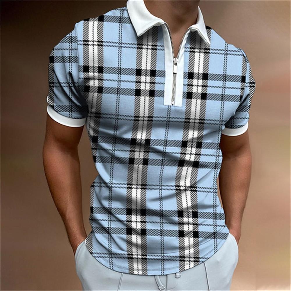 Trendy short-sleeve polo with checkered pattern, half-zip, casual and stylish.