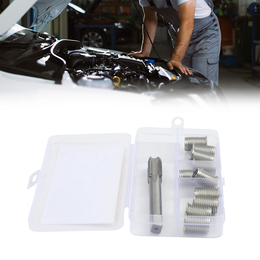 11pcs M10X1.25 Thread Repair Kit with Precision Cut Tap and Galvanized Stainless Steel Inserts for Fixing Damaged Threads