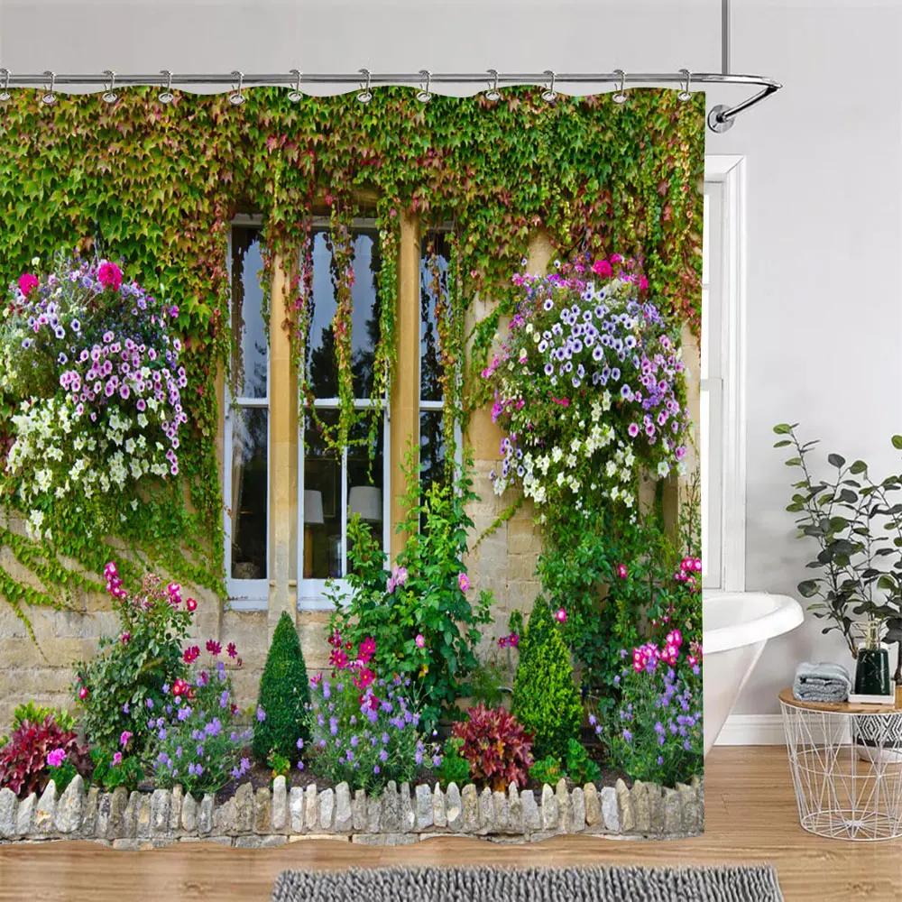 Sonnenschein Grün Wald Braun Fenster Duschvorhänge Bäume Pflanzen Natur Landschaft Polyester Badezimmer Vorhang Set Dekor Mit Haken