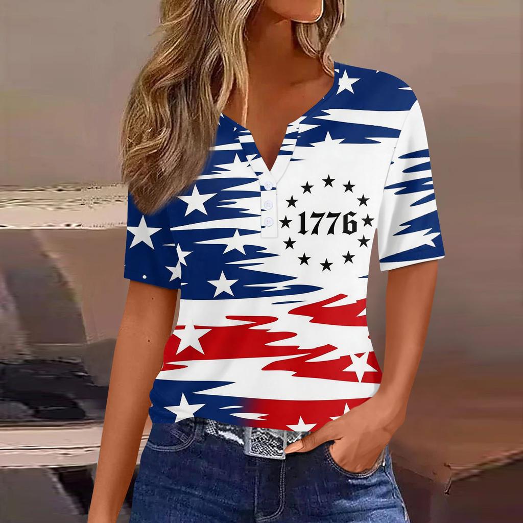 Damen-T-Shirt mit Aufdruck „Unabhängigkeitstag“ und Knopfleiste, kurzärmelig, für den Alltag und das Wochenende, modisch, Basic, V-Ausschnitt, normales Oberteil