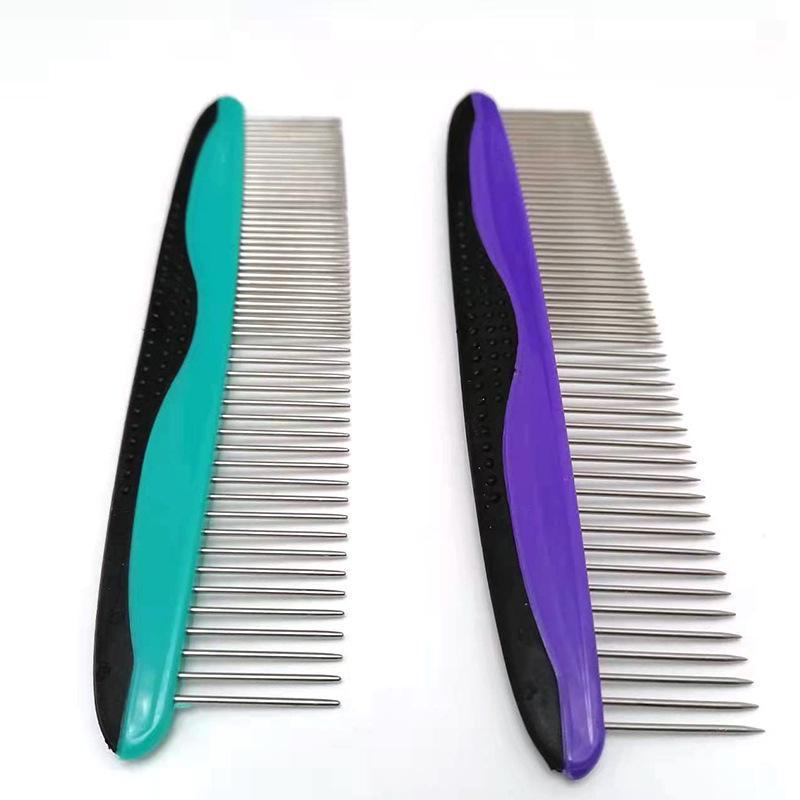 Cat & Dog Grooming Comb Set: Purple Comb with Large and Small Teeth, Stainless Steel Row Comb, and Bath Brush.