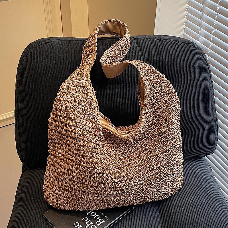Lässige Urlaubs-Stroh-Webtasche Leichte Einfarbige Schulter Damenhandtasche Große Kapazität Stroh-Webtasche