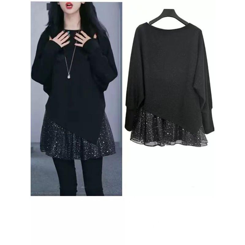 

Love It! Women Fake Two Pieces Gold Silk Cotton Irregular Flash Long sleeve Lazy Fan Dress Autumn and Winter Base Short dress Black Pay attention to the size is too large