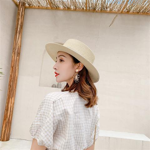 Rhinestone Flat Top Straw Hat M Standard Hat Women's Beach Travel Hat Fashion Wide Brim Versatile Sun Protection Flat Brim Straw Hat