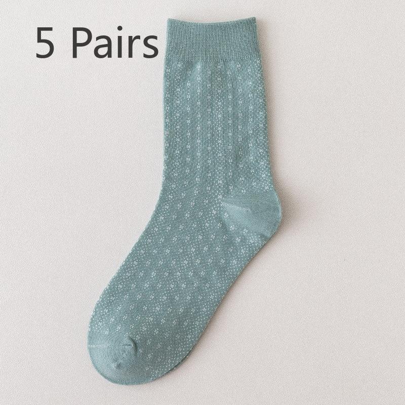 5 Pairs Socks Women's Autumn and Winter Mori Green Mid-calf Socks White Trend High Top Socks Cotton Socks Dotted Plaid Stockings