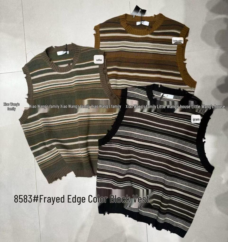 Xiao Wang's 8583 Winter Korean Loose Fit Plus Size Color Block Round Neck Knitted Sweater Vest