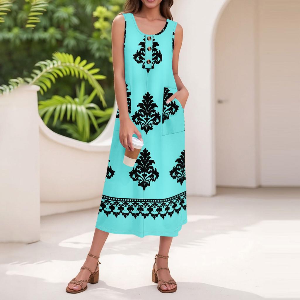 Women's Summer Casual Fashion Retro Printed Sleeveless Button Casual Long Dress