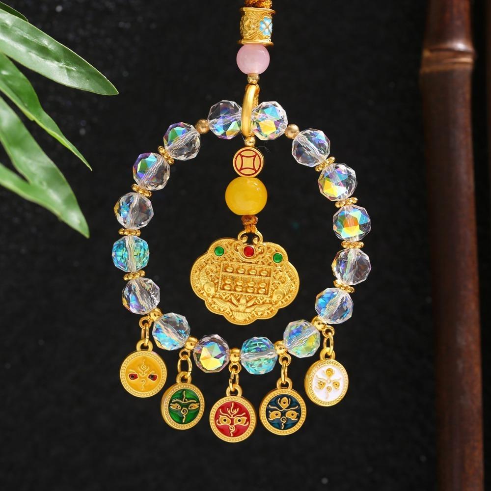 Gold Foil Car Mirror Dangle Pendant Five Paths Wealth Goddess Lucky Lock Mobile Phone Chain Beads Hangings Decor Colorful Abacus