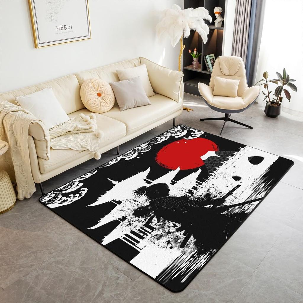 Japanese Ukiyo-e Great Wave Crane & Cherry Blossom Print Area Rug, Non-Slip Floor Mat for Living Room Bedroom Home Decor Carpet