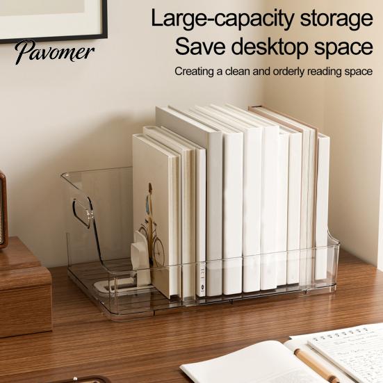 Home Office Document Tray Sliding Action Bookend, Clear Book Stopper, Space Saving Organizer for Desktop Acrylic And Bookshelf Storage, Transparent