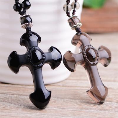 Natural Obsidian Necklace Cross Amulet Pendant Necklace with Beads Chain For Women Men