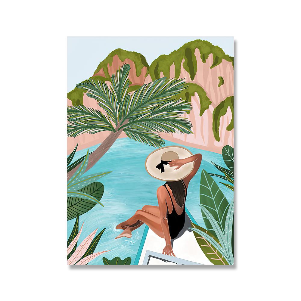 Marokko Frau Reise Wandkunst Leinwand Schwimmbad Tropisches Blatt Nordische Poster und Drucke Wandbilder für Wohnzimmerdekor