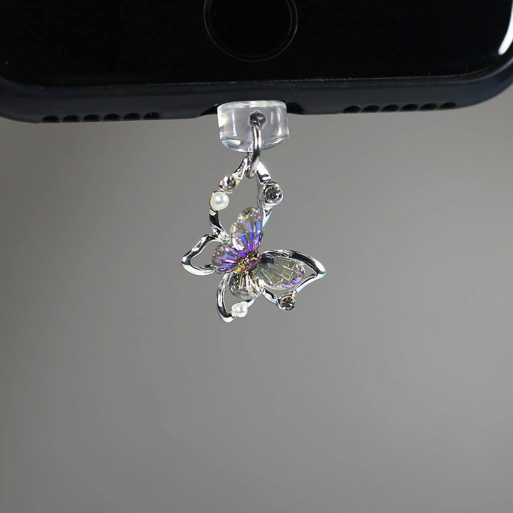 Mobile Phone Dust Plug Pendant New Butterfly With Artificial Pearls And Diamonds Accessory Decoration For IPhone Type-c Port
