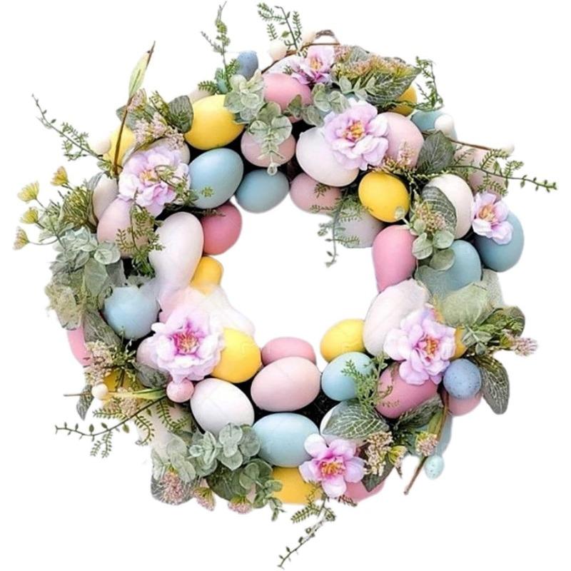 Coronițe de Paște pentru ușa din față, coroană pentru ouă de Paște, coroană de Paște artificială de 40 cm, ușă din față, coroană colorată de ouă de Paște cu frunze