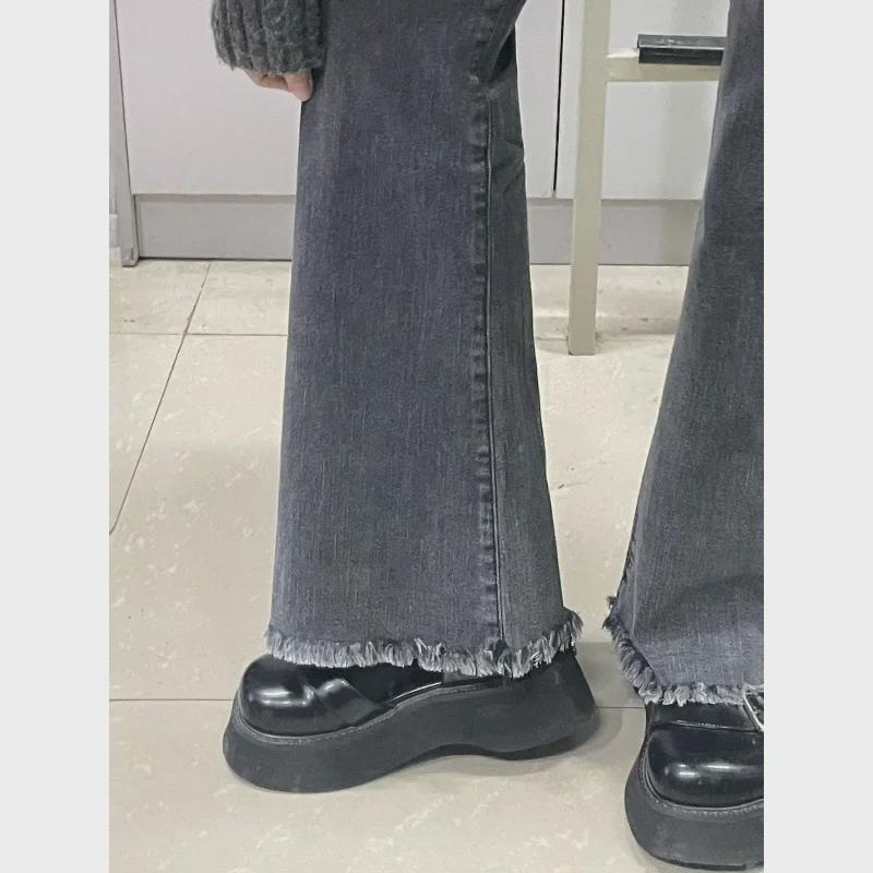 Women's Winter Plush Flared Jeans - High Waist, Slim Fit, Raw Edge Design