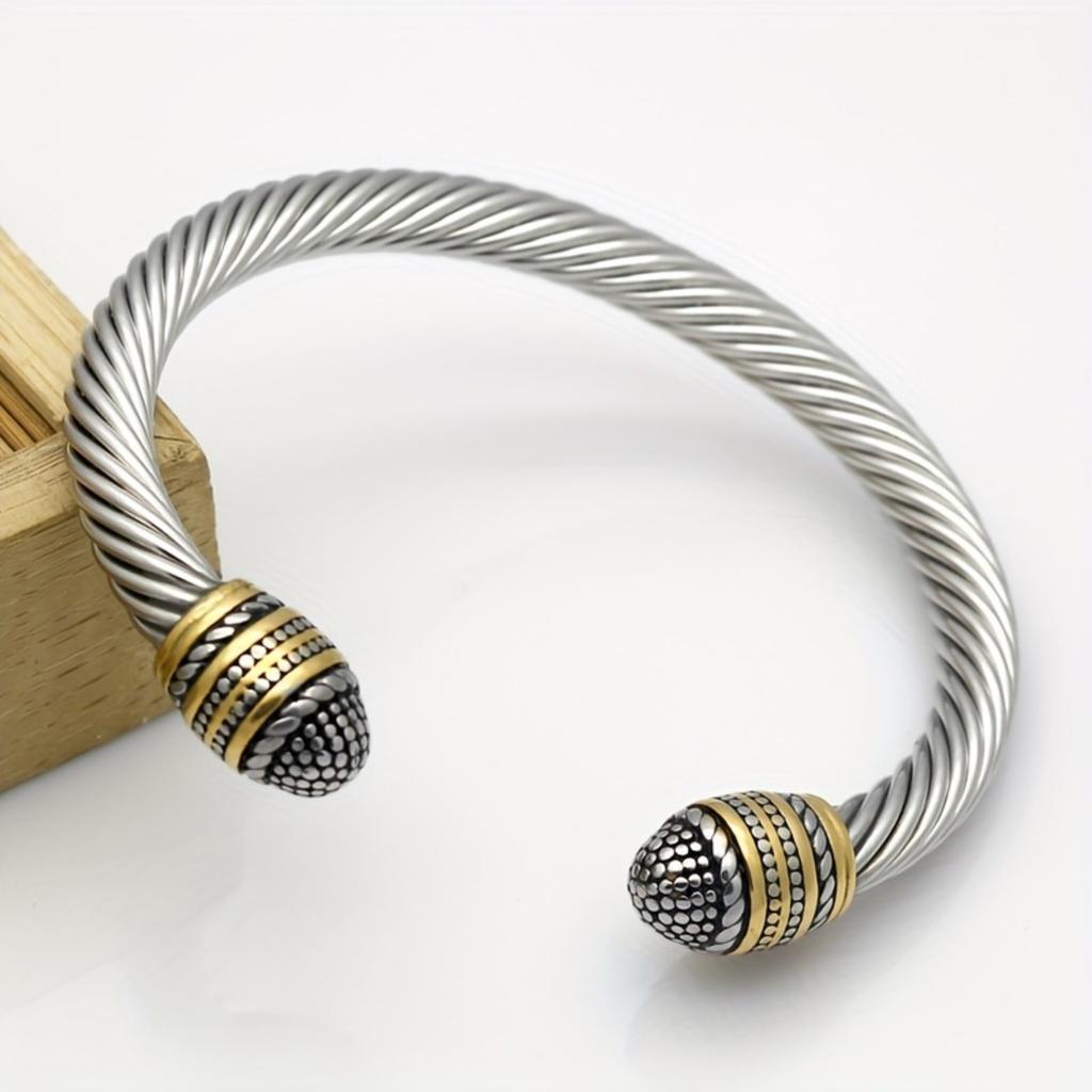 Popular Retro Trend Gold Dual Color Bracelet Creative Design Cable Bracelet Street Personality Men's Open Bracelet